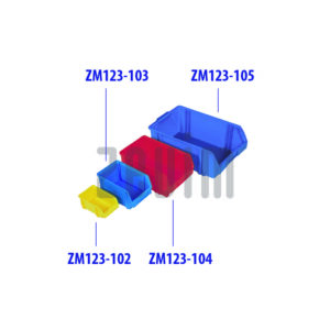Zevim Magazijnbakken in de kleuren rood,blauw en geel in verschillende soorten afmetingen.